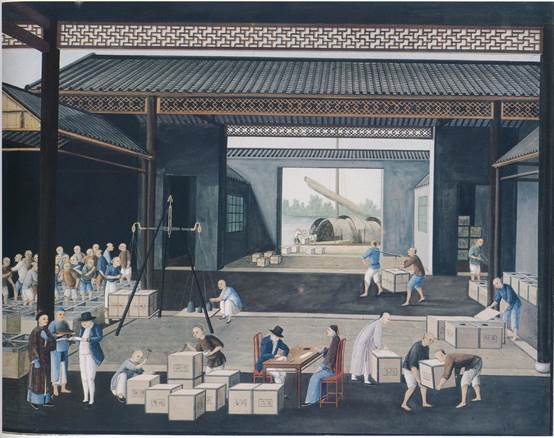 中外商人在广州茶叶仓库做买卖 约1820年 水粉彩